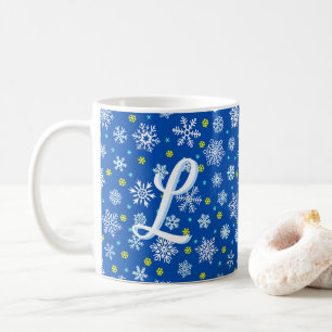 Mug Snowflakes Blue Navy Blue Élégant Script Monogramm