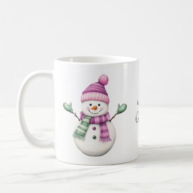 Mug Snowman mignon en rose violet et vert (Gauche)