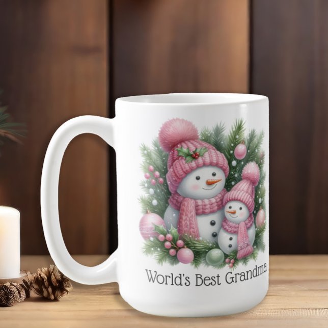 Mug Snowman World's Best Grandma Pink Green Christmas (Cute snowman "World's Best Grandma" mug)
