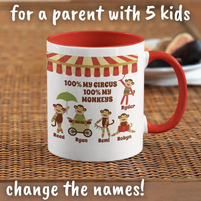 Mug Sock Monkey Circus 5 Enfants Noms Parent Cadeau (Créateur téléchargé)