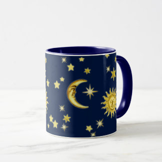 Mug Soleil, Lune et Étoiles sur Bleu foncé