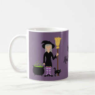 Mug Sorcière Avec Un Chat Sur Purple & Happy Halloween