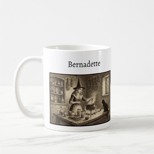 Mug Sorcière et chat noir faisant une potion Nom perso (Gauche)