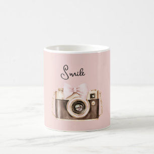 Mug Sourire de l'appareil photo marron à ruban rose