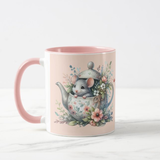 Mug Souris mignonne en théière florale Illustration (Gauche)