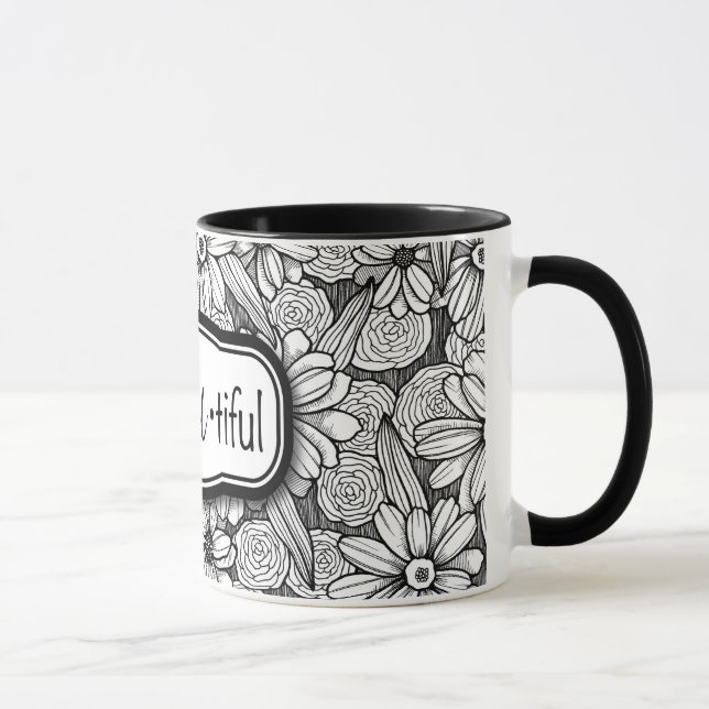 Mug soyez•Vous•floral noir et blanc tiful (11 onces. (Droite)