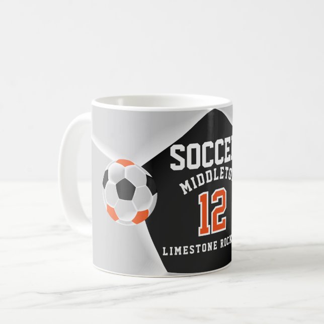 Mug Sport de football ⚽ orange, noir et blanc (Devant gauche)