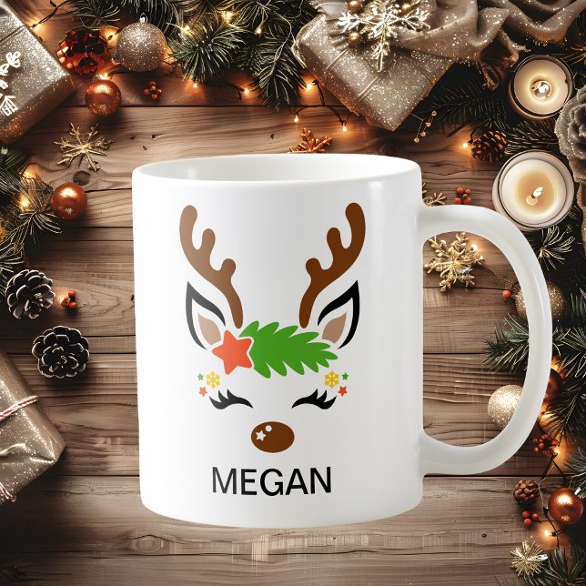 Mug Star Reindeer Face Custom Name Holiday (Star Reindeer Face Custom Name Holiday Coffee Mug
)