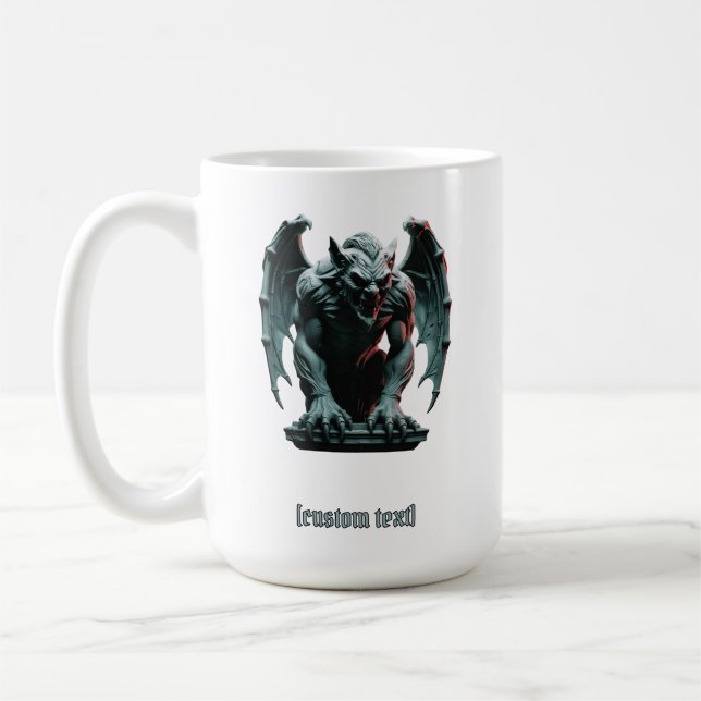 Mug Statue de Gargoyle - Sticker de texte personnalisé (Gauche)