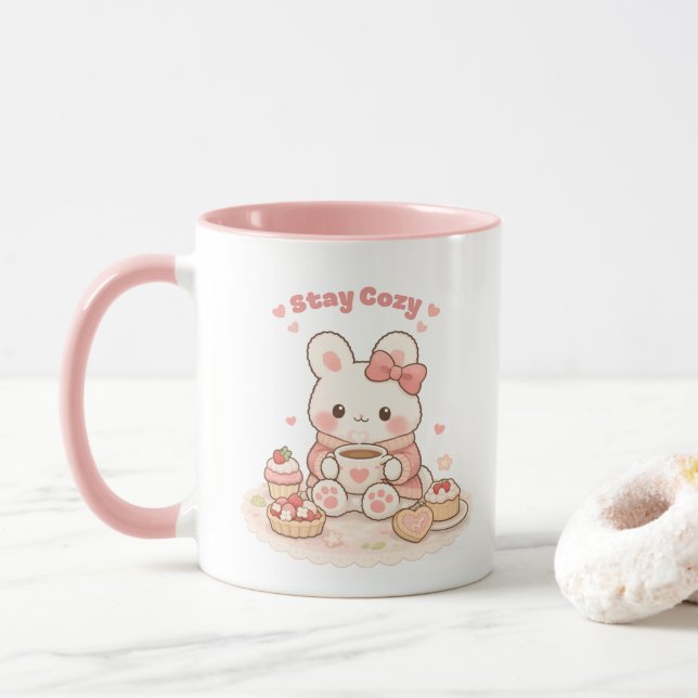 Mug Stay Cozy Cute Bunny Rabbit Sweet Pink (Avec donut)