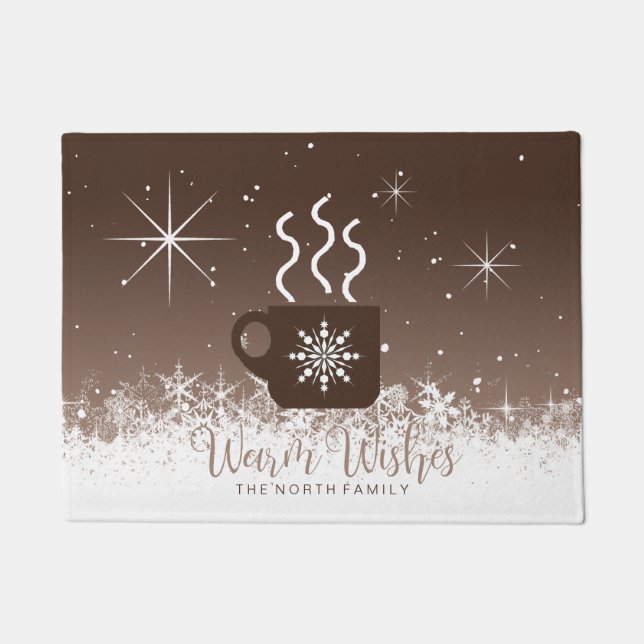 Mug Steaming Hot Drink w/Snow Border Brown ID595 Doormat (Front)