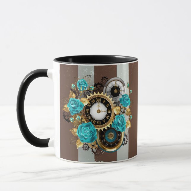 Mug Steampunk Clock and Turquoise Roses on Striped (Gauche)