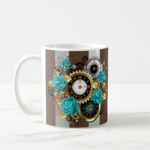 Mug Steampunk Clock and Turquoise Roses on Striped