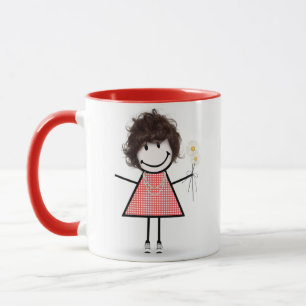 Mug Stick Figure Girl with Daisies and Quote