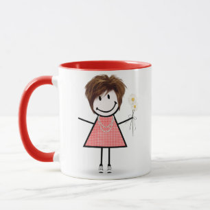 Mug Stick Figure Girl with Daisies and Quote