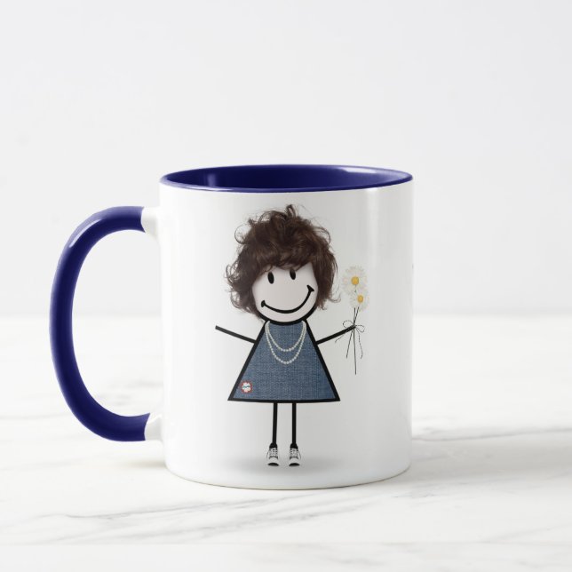 Mug Stick Figure Girl with Daisies and Quote (Gauche)