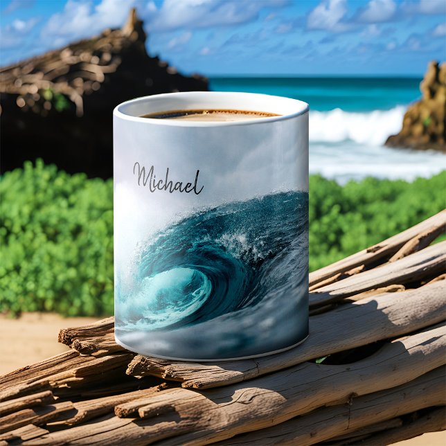 Mug Stormy Turquoise Blue Ocean Wave Rough Water Surfi (Ocean wave personalized surfing mug)