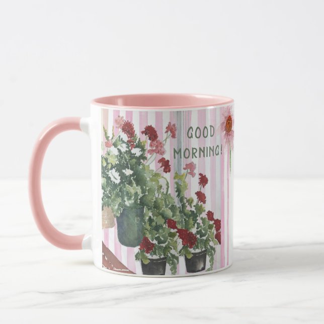 MUG STRIPES ROSES ET FLEURS D'EAU PEINTES À LA MAIN   (Gauche)