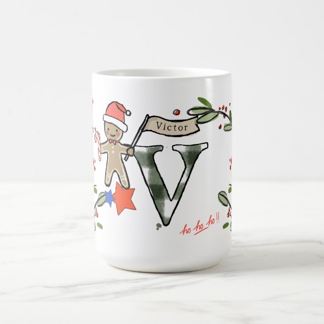 Mug Style Rétro Joli Monogramme de Noël V avec nom (Centre)
