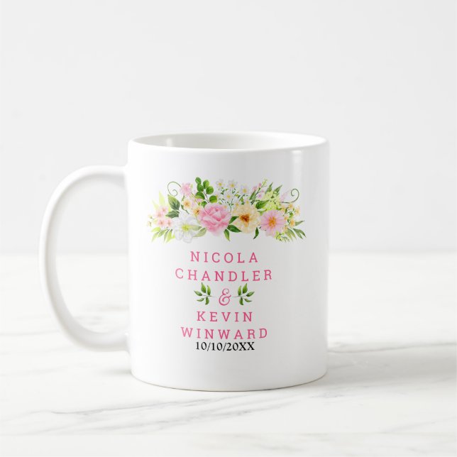 Mug Summer Pink and Yellow Flowers and Foliage Wedding (Gauche)
