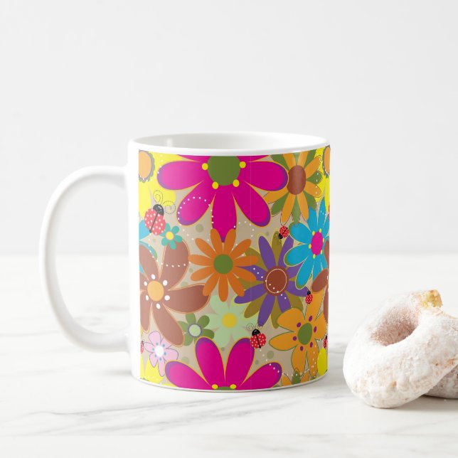 Mug Super les années 70 Hippie Floral Retro Puissance  (Avec donut)