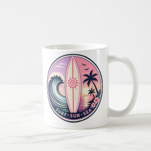 Mug Surf • Soleil • Badge de vague tropicale rétro de