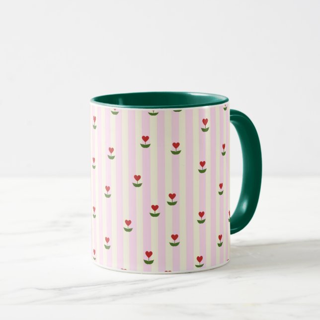 Mug Sweet Heart Flower Pattern – Soft Pink Striped  (Devant droit)