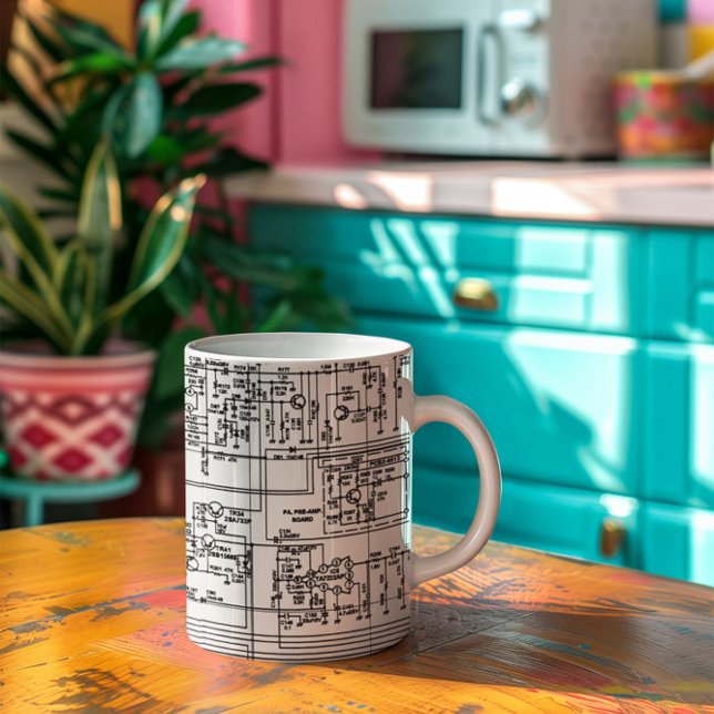 Mug Symboles du diagramme de schéma Circuit électroniq (Schematic Diagram Symbols Electronic Circuit coffee mug placed over a wooden surface in a kitchen)