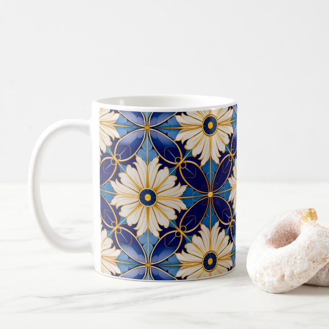 Mug Symétrique Art Déco Blue Gold Floral Tile Motif (Avec donut)