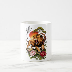 Mug T-shirt graphique vintage lion japonais, Ar floral