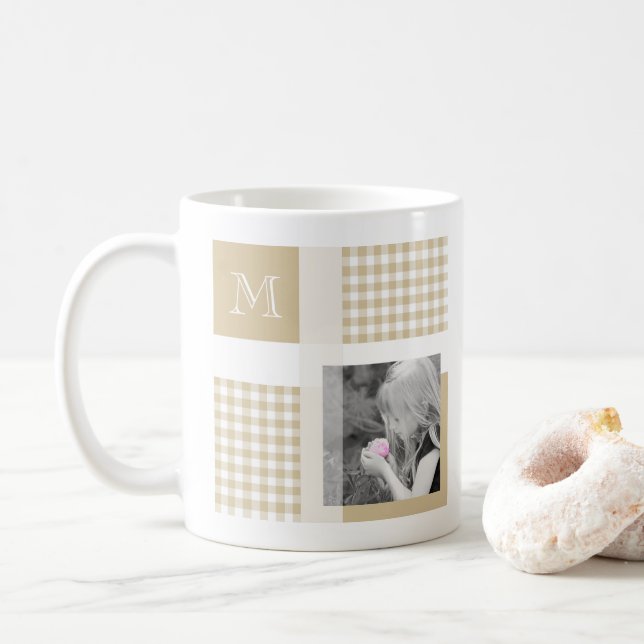 Mug Tan Ajouter Votre Photo En vichy Monogramme Brown  (Avec donut)
