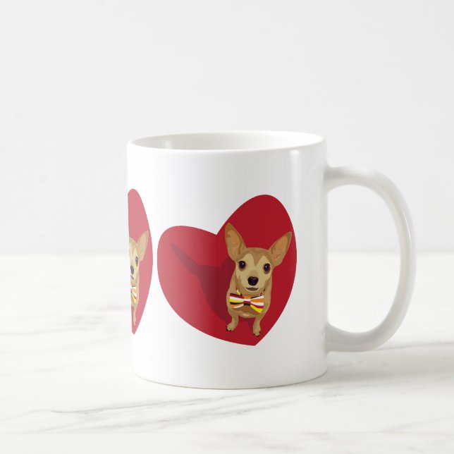 Mug Tan Chihuahua avec cravate arc dans un coeur rouge (Droite)
