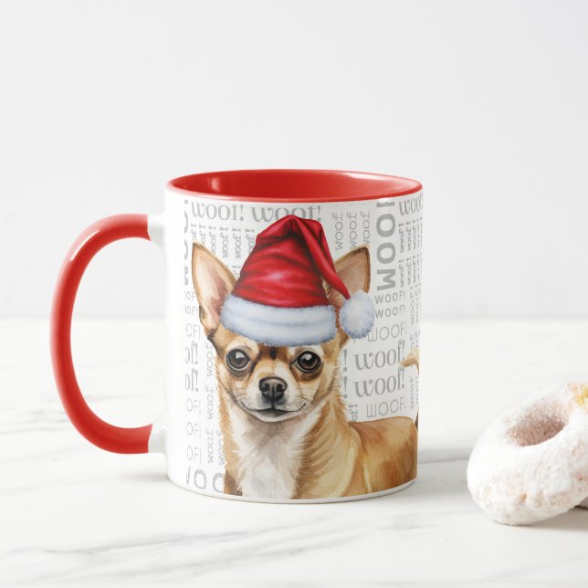Mug Tan Chihuahua Chien Père Noël Woof Arrière - plan  (Avec donut)