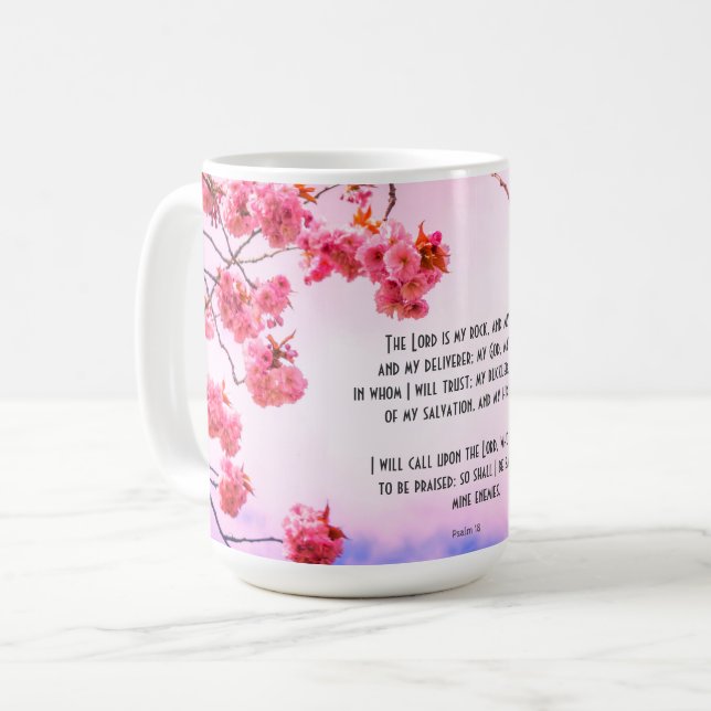 Mug Tangue chrétienne aux écritures et fleurs de ceris (Devant gauche)
