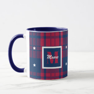 Mug Tartan - Patriotique - Bleu Rouge Étoiles Blanches