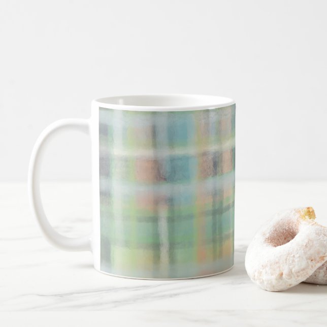Mug Tartan plaid moderne pastel jaune cyan gris vert (Avec donut)