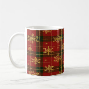 Mug Tartan Rouge Classique avec Flocons de Neige Dorés