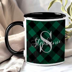 Mug Tartan Vert Buffalo Nom Monogramme Rustique