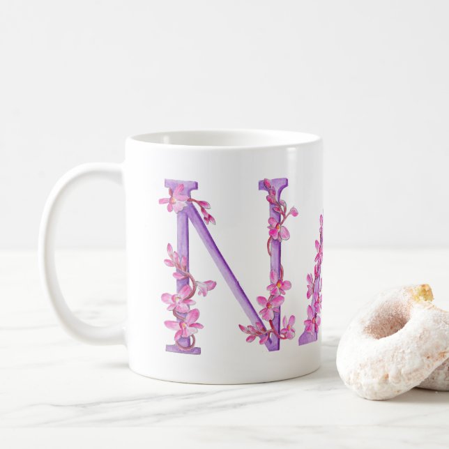 Mug Taupe de peinture d'art rose pourpre à l'orchidée  (Avec donut)