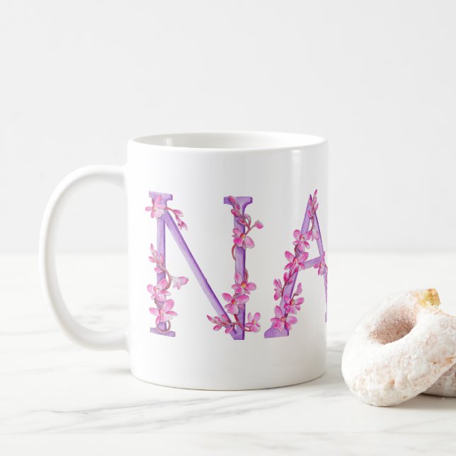 Mug Taupe de peinture d'art rose pourpre à l'orchidée  (Avec donut)