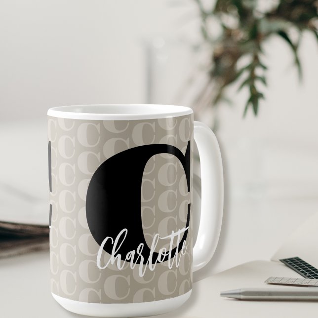 Mug Taupe Motif Monogramme noir blanc Nom du script (Créateur téléchargé)
