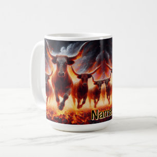 Mug Taureaux chargeant à travers un paysage enflammé