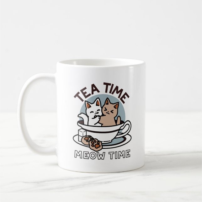 Mug Tea Time Meow Time - Cute Cat and Tea Design (Gauche)
