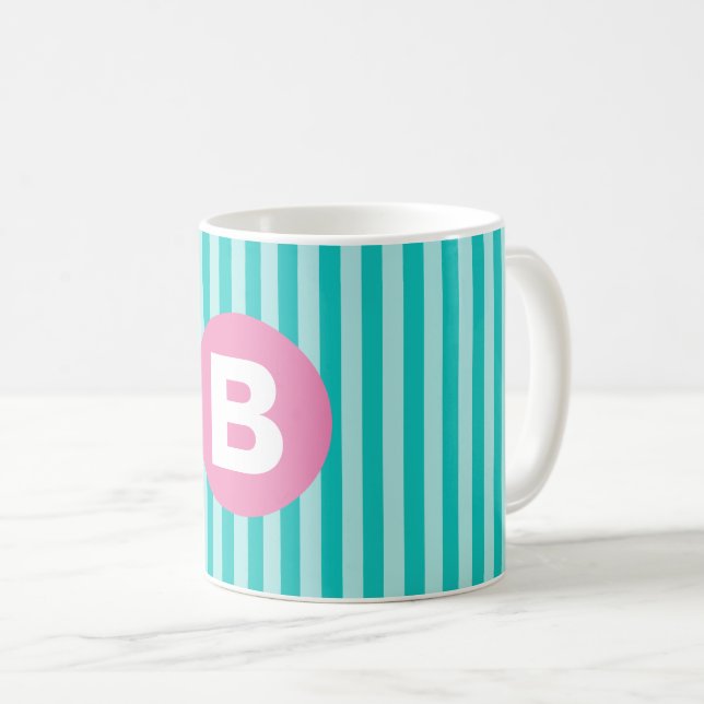 Mug Teal Blue Vertical Striped Pink Circle Monogram (Devant droit)