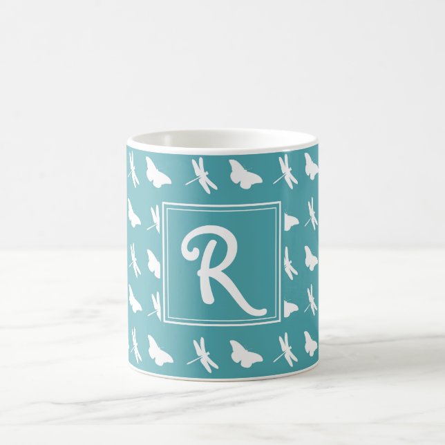 Mug Teal Butterfly and Dragonfly Pattern Monogram (Centre)