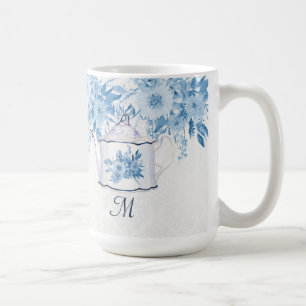 Mug Teapot élégant monogramme Dusty Blue n White Flo