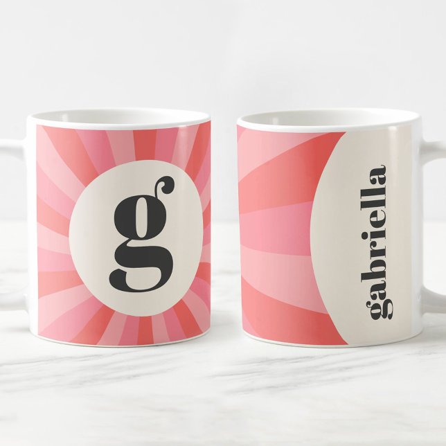 Mug Tendance rétro sunburst minime monogramme crème ro (Trendy retro sunburst minimal monogram pink cream coffee mug)