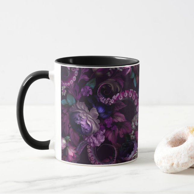 Mug Tentacle Gothique Rose Foncé Avec Fleurs (Avec donut)