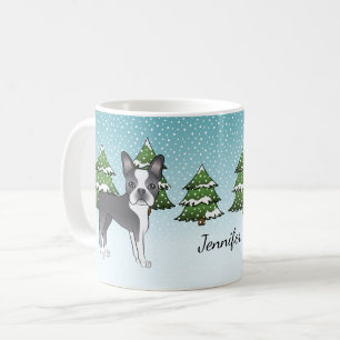 Mug Tervueren Boston Terrier dans une forêt hivernale 