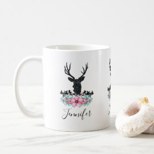 Mug Tête de cerf noir avec Fleurs et Montagnes roses